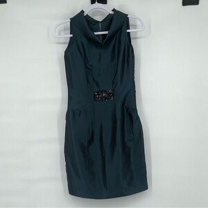 AND blue silk cowl neck beaded dress